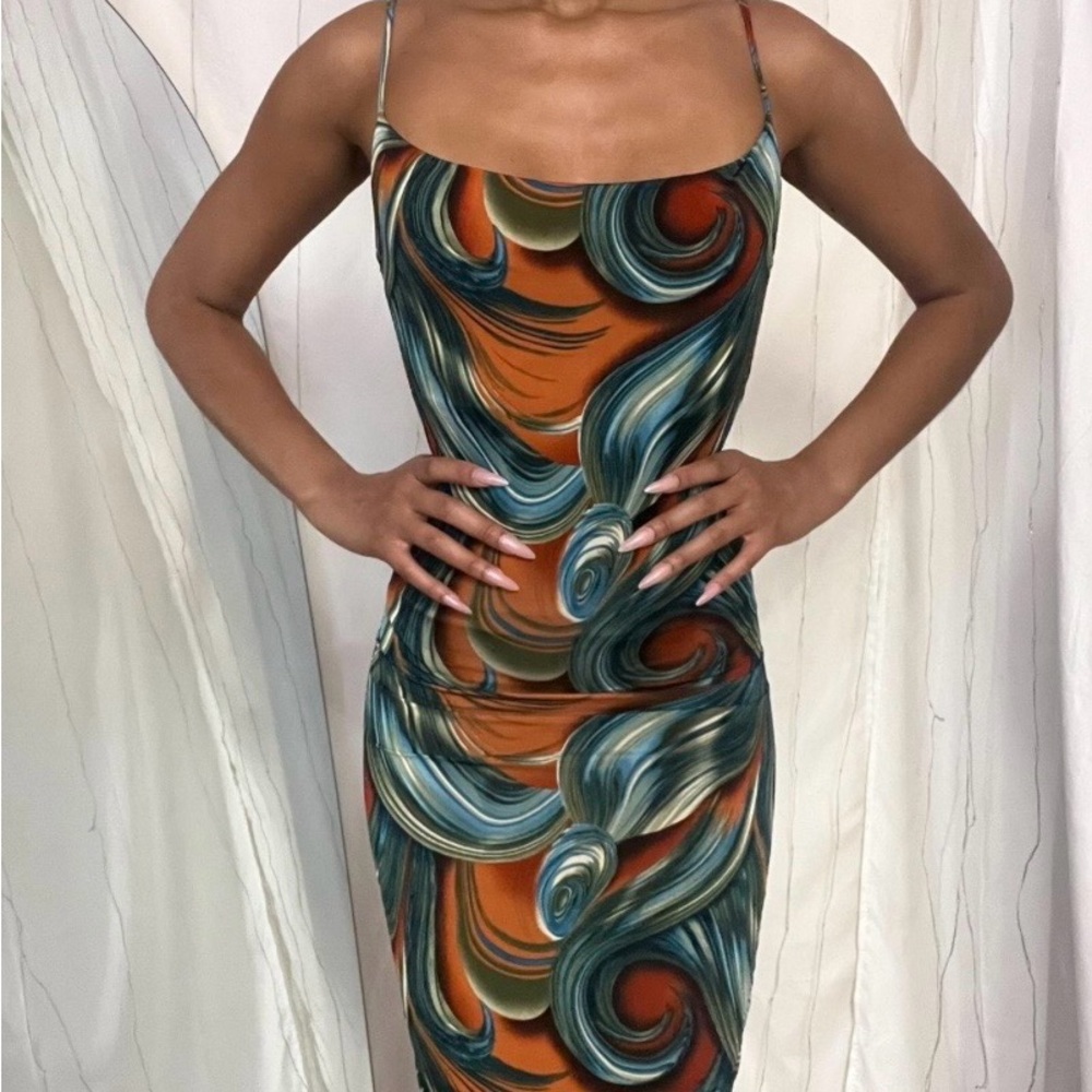 Timing Orange and Teal Swirl Midi Dress